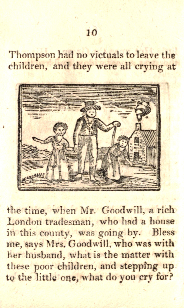 Ein Blatt Papier mit einer Zeichnung eines verzweifelten Mannes, der zwei weinende Kinder hält, begleitet von dem Text "Thompson hatte keine Opfer, die er den Kindern hinterlassen konnte, und sie weinten alle"