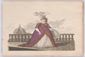 Frau in einem violetten und weißen Federkleid, die an einem Geländer steht, mit einem Gebäude und Wolken im Hintergrund, beschriftet mit 'Fashion of New York, New York Street, 1790'.