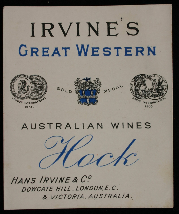 Plakat, das die australischen Weine von Irvine's Great Western bewirbt, mit dem Namen des Unternehmens, dem Text "Hock" und Logos.