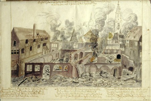 Altes Buch mit einer detaillierten Illustration von Leipzigs Zerstörung nach einer Belagerung, das Gebäude, Rauch und Text zeigt.