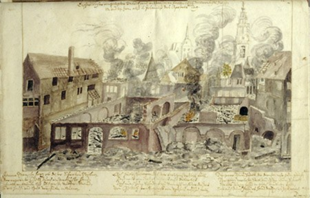 Altes Buch mit einer detaillierten Illustration von Leipzigs Zerstörung nach einer Belagerung, das Gebäude, Rauch und Text zeigt.