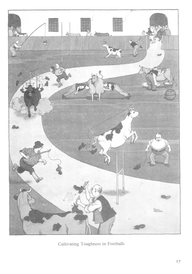 Schwarze und weiße Zeichnung von Menschen und Tieren in einem Feld mit einer Wand und Fenstern im Hintergrund, betitelt "Zähigkeit im Fussball kultivieren" unten.