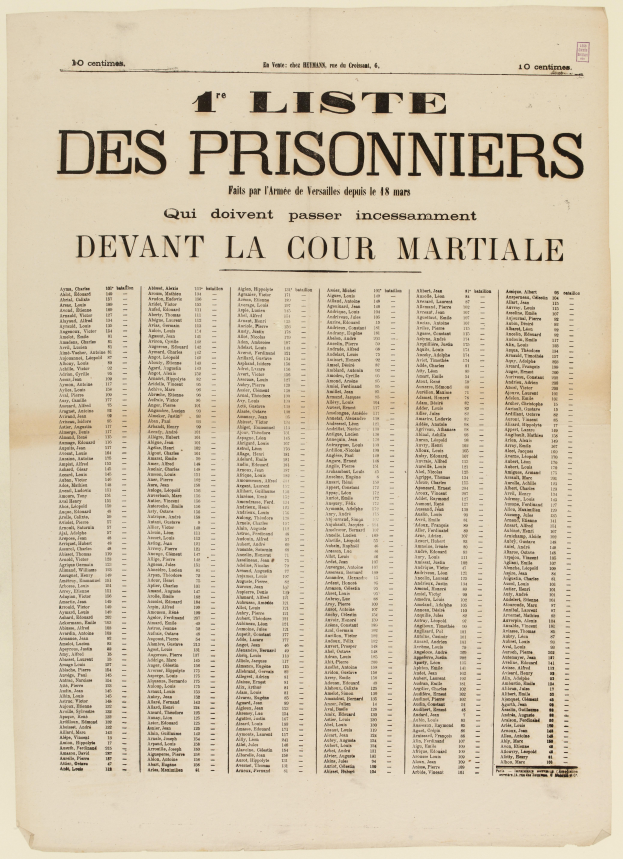 Eine alte, gelbliche Zeitung mit einer Liste von Gefangenen in zwei Spalten, eine für die Gefangenennummern und eine für die Namen, in schwarzer Tinte gedruckt.