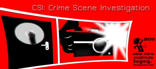 Rotes Plakat mit der Aufschrift "CSI Crime Scene Investigation" in weißer Fettschrift, das eine Person in einer schwarzen Kapuzenjacke mit entschlossener Miene zeigt, umgeben von einem schwarzen und weißen Rand vor einem dunklen blauen Hintergrund.