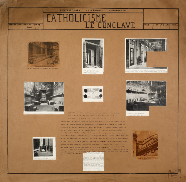 Ein Buch mit Bildern und Texten, das die Geschichte der katholischen Kirche erzählt, einschließlich Fotos von ihren Räumen, Fluren und erhaltenen Artefakten.