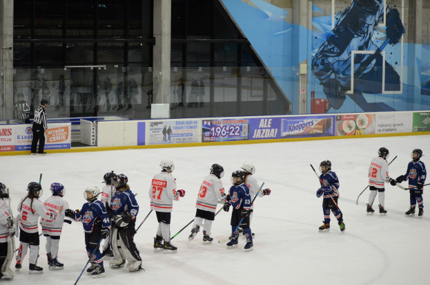 A group of young people playing ice hockey on an indoor rink, wearing helmets and holding sticks, with a spectator on the left and banners, pillars, and glass walls in the background.