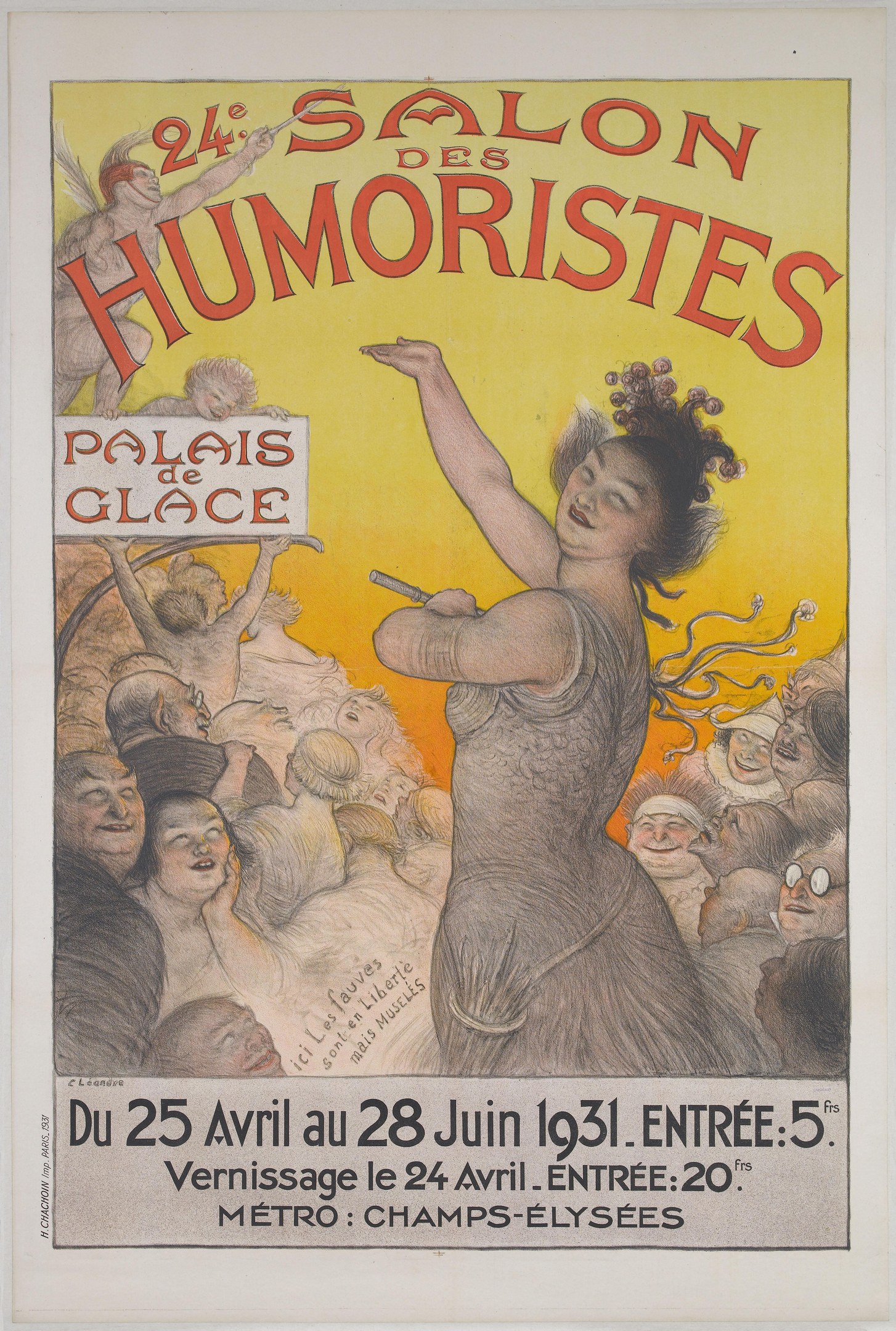Plakat für den Salon des Humoristes in Paris mit einer Frau inmitten einer Menge, dazu Event-Text.