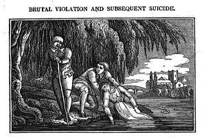 Ein Schwarz-Weiß-Bild eines Mannes mit einem Stock, der über einer Frau steht, die auf dem Boden liegt, mit Bäumen, Gebäuden und einem bewölkten Himmel im Hintergrund und Text oben und unten, der "brutale Vergewaltigung und anschließender Suizid" lautet.