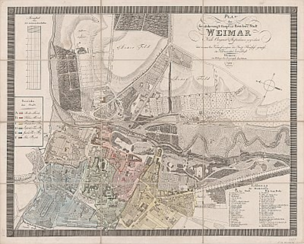 Detailreiches altes Stadtplan von Weimar, Deutschland, zeigt Straßen, Gebäude und Sehenswürdigkeiten mit beschreibendem Text.