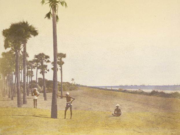 Ein altes Foto von Menschen am Strand mit Palmen im Hintergrund, einer Person im Vordergrund auf dem Boden sitzend und einem sichtbaren Himmel darüber.