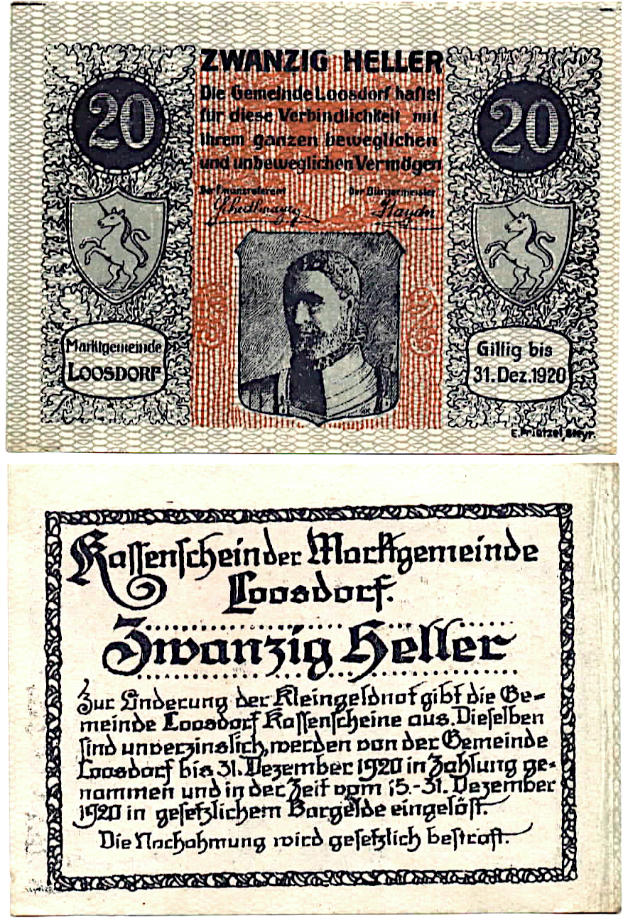 Ein altes deutsches Geldstück mit einem Mann im Anzug mit ernster Miene, beschriftet mit "Zwanzig Heller".