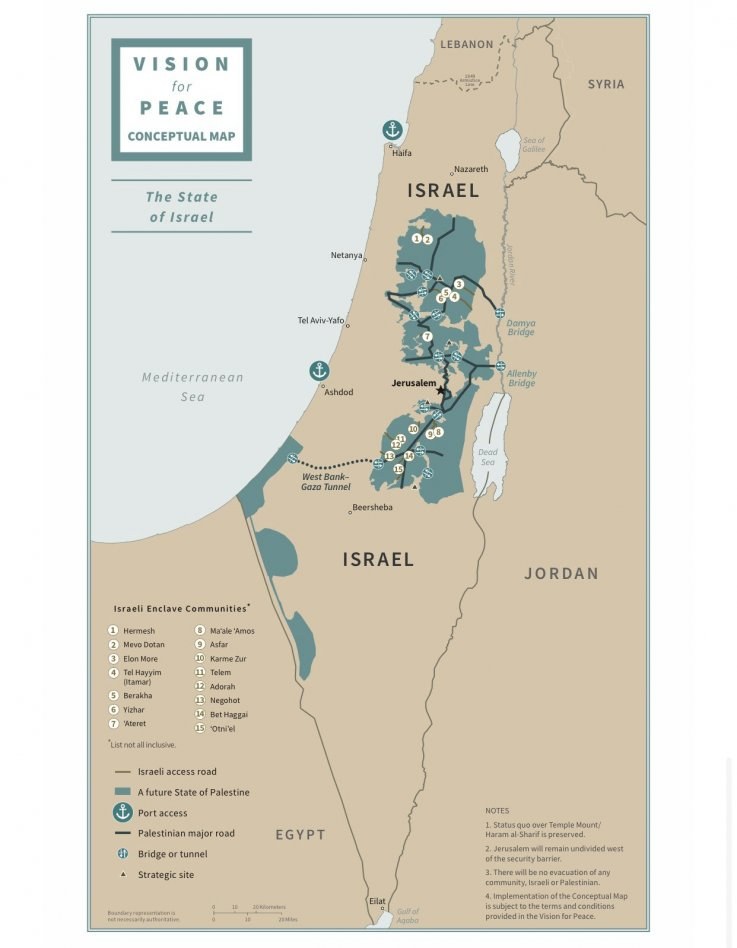 Plakat mit der Aufschrift "Vision für Frieden-Konzeptkarte" mit einer farbcodierten Karte von Israel und fetter schwarzer Schrift oben.