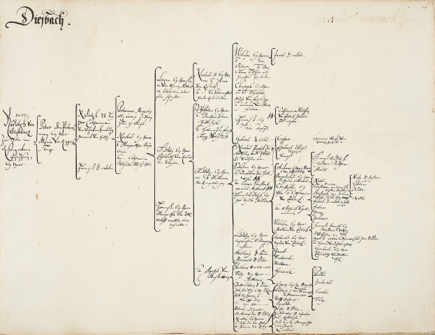 Offenes Buch mit handgeschriebener genealogischer Familiengeschichte