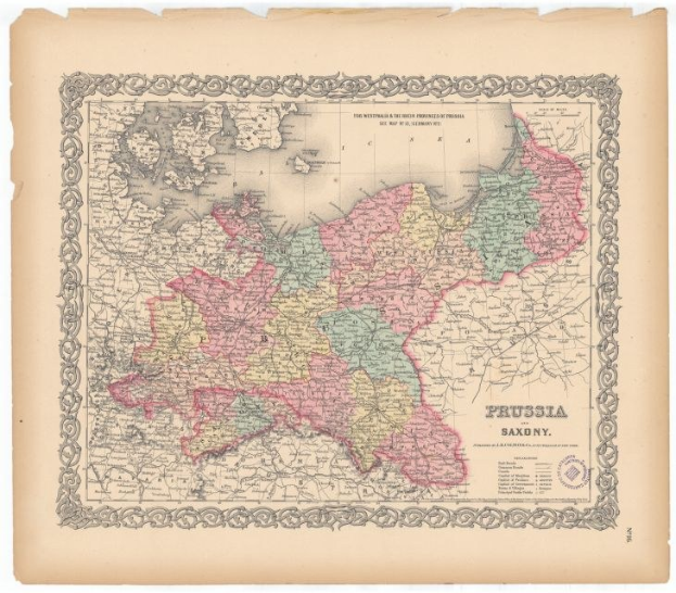 Alte gedruckte Karte der preußischen und sächsischen Provinzen mit sichtbaren Grenzen auf altem Papier.