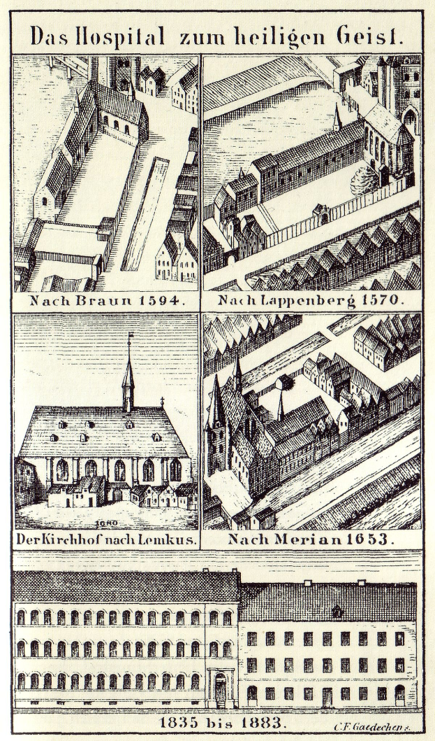 Eine detaillierte Plakatillustration eines Krankenhauses in Deutschland, das Gebäude mit Fenstern, Türen und Balkonen zeigt, begleitet von Text, der seine Größe, Lage und Merkmale beschreibt.