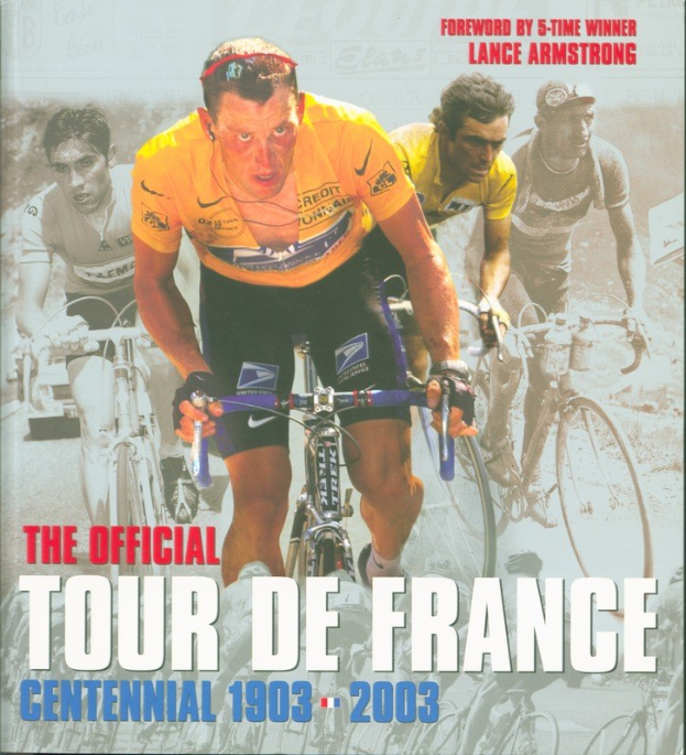 Offizielles Tour-de-France-Jubiläumsplakat (1903–2003) mit einer Gruppe von Radfahrern und Text mit Ereignisinformationen.