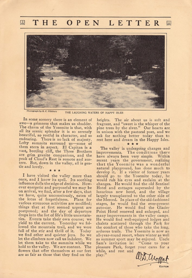 Ein Plakat mit einem Bild von Bäumen und einer Straße oben drauf und einem Artikel und einer Unterschrift in der rechten unteren Ecke.