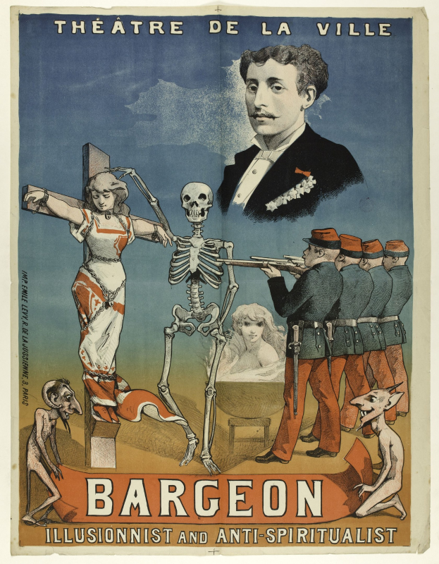 Plakat für das Théâtre de la Ville in Paris mit einer Gruppe verzweifelter Menschen, einem zentralen Skelett mit ausgestreckten Armen und einer fett gedruckten Schrift, die "Bargeon Illusionist und Anti-Spiritualist" lautet.