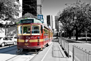 Ein roter Zug mit einer Person darin und Text darauf befindet sich in der Mitte, mit Autos, Bäumen, Gebäuden, Laternenmasten und Drähten links und Bäumen und einem weißen Zaun rechts, mit Gebäuden und einer Person im Hintergrund.