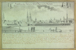 Eine Zeichnung einer Stadtansicht mit einer Kutsche im Vordergrund, die die Belagerung von Hamburg, Deutschland, darstellt, mit Text auf dem Papier, der die Ereignisse der Belagerung beschreibt.