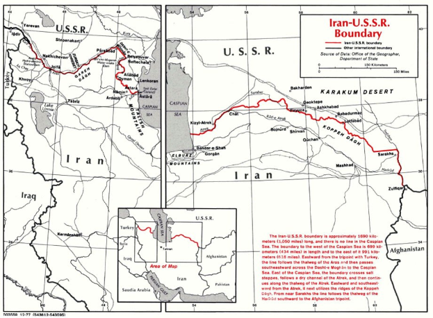 Detailierte Kartenvorlage des iranisch-sowjetischen Grenzverlaufs mit geografischen Merkmalen und Landesgrenzen sowie erklärendem Text.