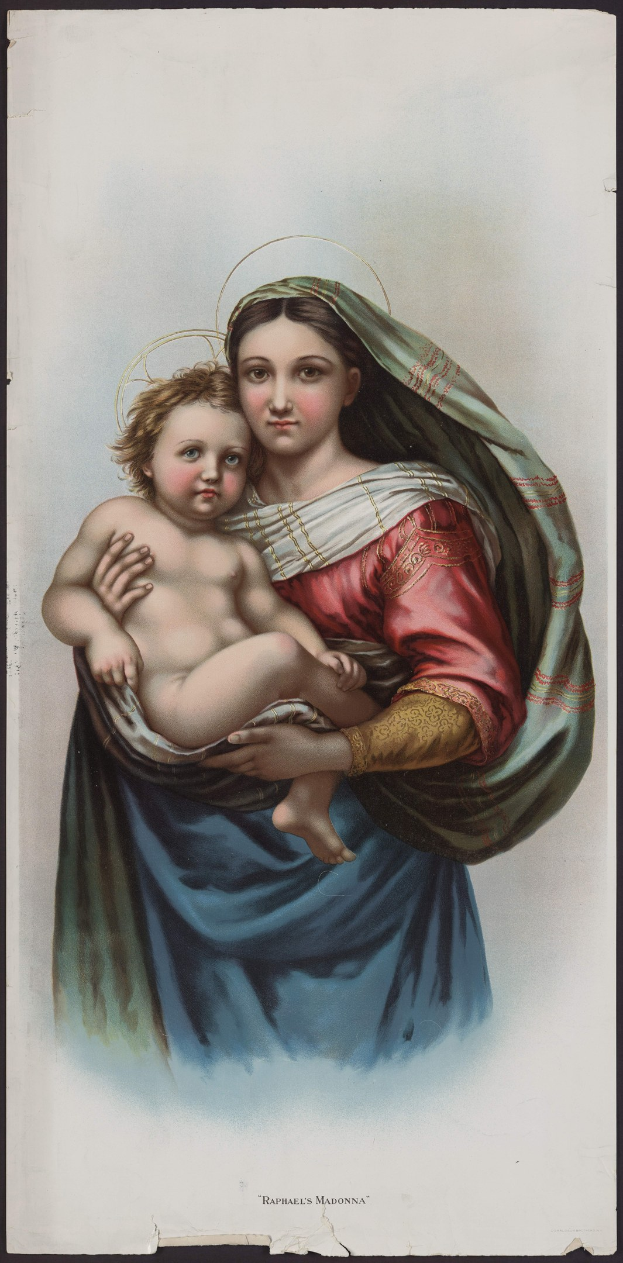 Frau in einem roten und blauen Kleid, die ein Baby hält, mit geschlossenen Augen und einem sanften Ausdruck, ihre Haare zu einem Dutt gebunden.