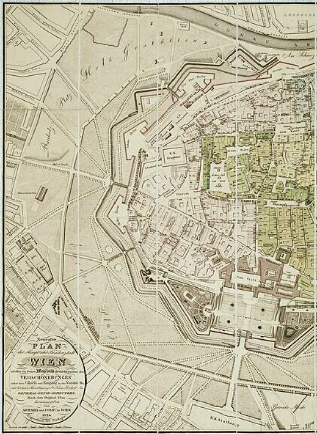 Ein detailliertes altes Stadtplan von Wien, Deutschland, der Straßen, Gebäude, Sehenswürdigkeiten und Text mit Informationen über die Bevölkerung, Sehenswürdigkeiten und Straßen zeigt.