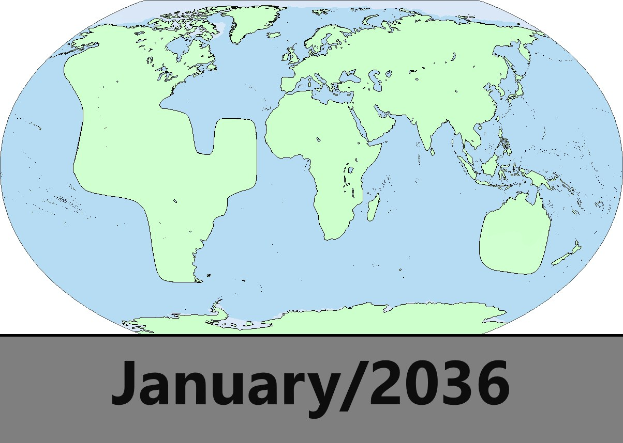 Blauer und grüner Globus mit "Januar 2036"-Text auf einem weißen Hintergrund.