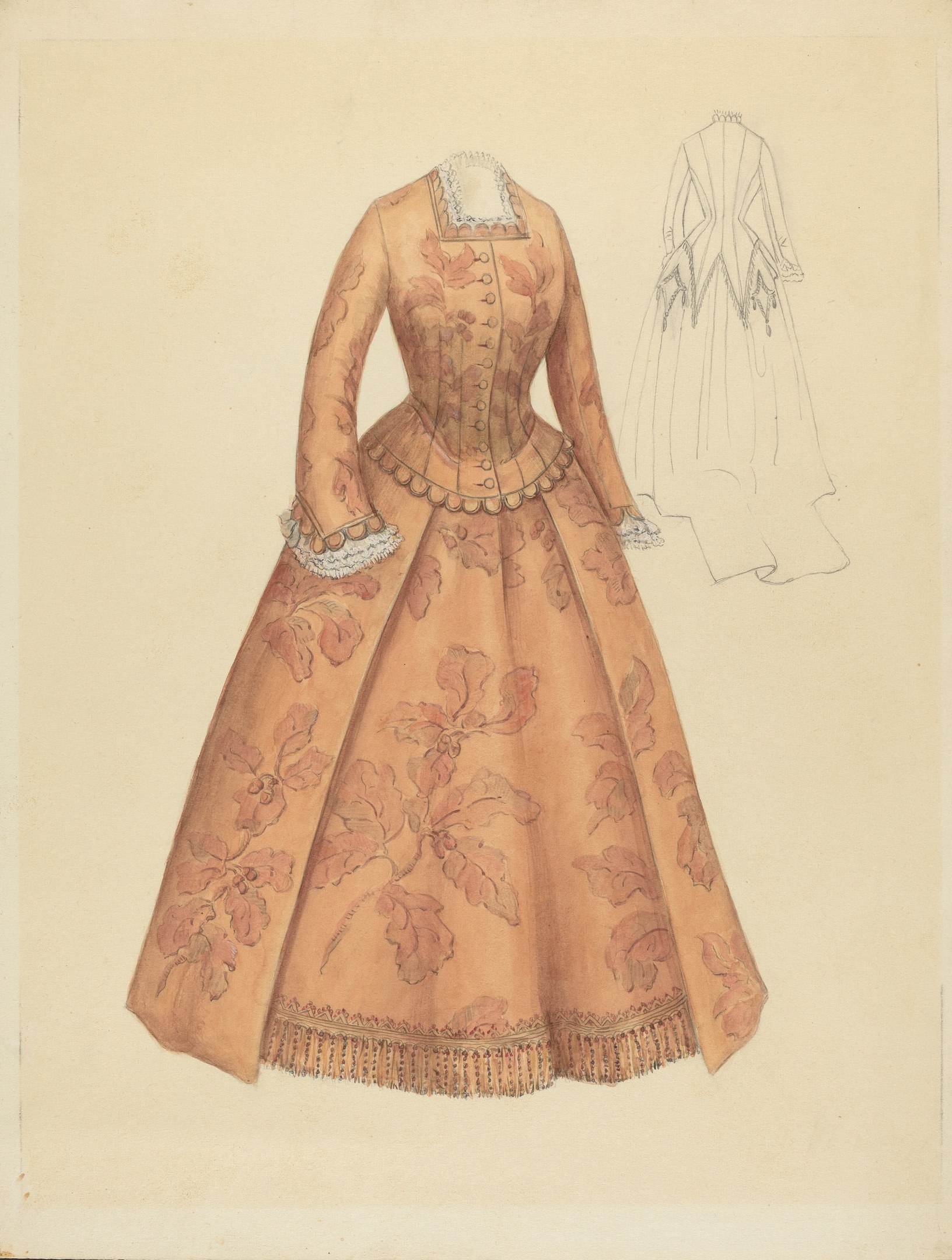 Ausführliches 18. Jahrhundert Kostümdesign einer bodenlangen Robe mit hohem Kragen, floral gemustertem Oberteil in Rosa, Lila und Blau und einer Spitzenbesetzten Rockschöße.