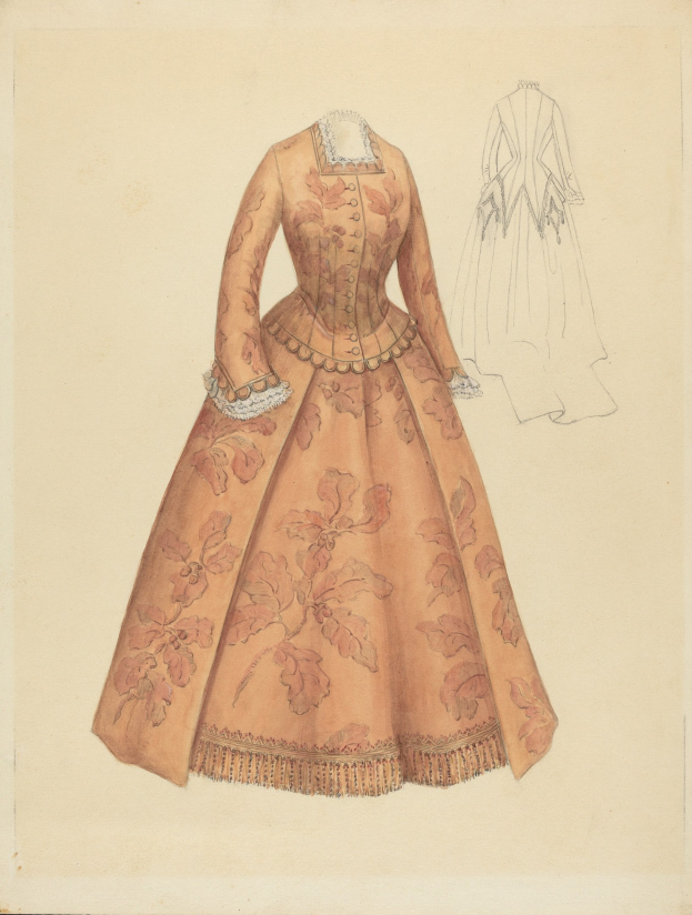Ausführliches 18. Jahrhundert Kostümdesign einer bodenlangen Robe mit hohem Kragen, floral gemustertem Oberteil in Rosa, Lila und Blau und einer Spitzenbesetzten Rockschöße.