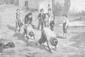 Schwarz-weißes Bild von Kindern auf einem Feld, mit zwei Jungen, die in der Mitte kämpfen, während die anderen zuschauen; ein Hut und Text erscheinen links.