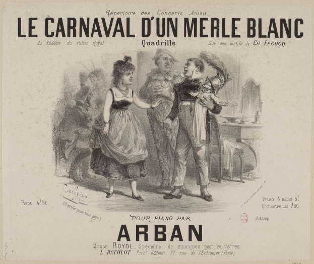 Eine Zeichnung eines Mannes und einer Frau in traditioneller Kleidung vor einem festlichen Karneval, mit der Aufschrift "le carnaval d'un merle blanc" auf dem Papier.