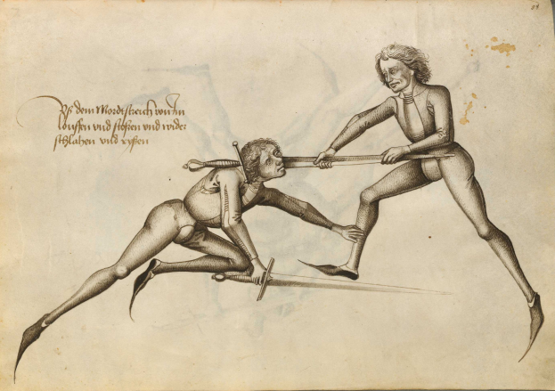 Zwei Männer sind auf einem Blatt Papier mit Text darauf abgebildet.