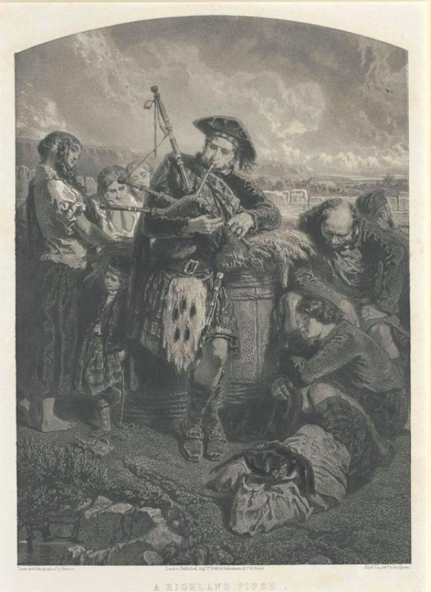 Schwarze und weiße Gravur eines Mannes, der vor einem Publikum eine Dudelsack spielt, unter einem bewölkten Himmel, mit der Inschrift "Ein Highland-Pfeifer" unten.