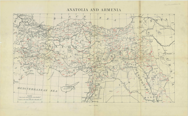 Detailierte Karte von Anatolien und Armenien auf Papier mit begleitendem Text, die geografische Merkmale wie Flüsse, Berge und Städte zeigt.