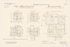 Ein detaillierter Grundrissplan des ehemaligen Kanzleramts, der architektonische Entwürfe und Anmerkungen zeigt.