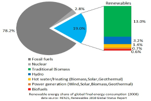 Tortendiagramm, das den globalen erneuerbaren Energieverbrauch im Jahr 2008 darstellt, unterteilt in Abschnitte für fossile Brennstoffe, Kernenergie, Wasserkraft, Warmwasserheizung, Biomasse, Solarenergie, Geothermie und Biokraftstoffe.