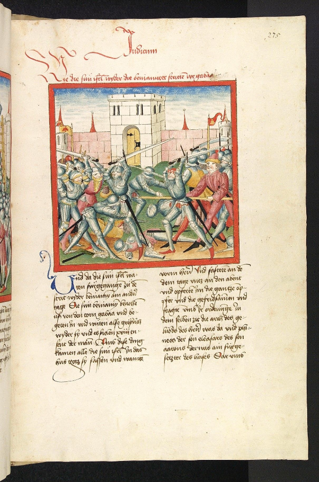 Offenes Buch mit einer Malerei, die gepanzerte Männer im Kampf zeigt, vor einem Gebäude- und Himmel-Hintergrund, mit sichtbarem Text auf der Seite.