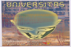 Plakat mit einem kahlkopfigen Mann mit breitem Grinsen, geschlossenen Augen, umgeben von Text und Zahlen, mit "Universitas" in fetter schwarzer Schrift.