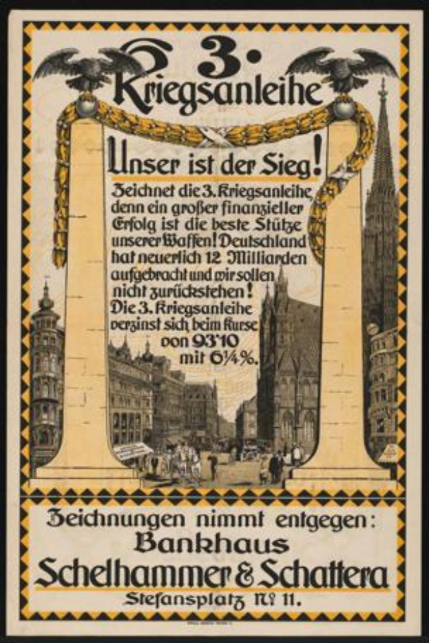 Ein gerahmtes altes deutsches Propagandaplakat für die 3. Reichsbanleihe, das eine Stadtansicht mit Gebäuden, Menschen und Text zeigt.