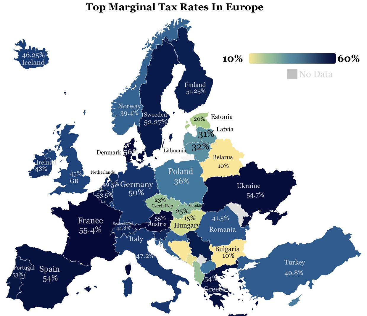 Eine Europakarte mit Farben, die die Spitzensteuersätze pro Land anzeigen, und dem Titel "Spitzensteuersätze in Europa" oben.