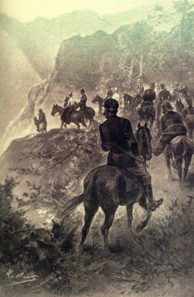 Eine Gruppe von Männern in Uniformen reitet auf Pferden eine Schotterstraße entlang während einer Schlacht, wobei einige kämpfen, umgeben von Hügeln und Bäumen, und der Text "Die Schlacht von Gettysburg" unten, unter einer untergehenden Sonne.