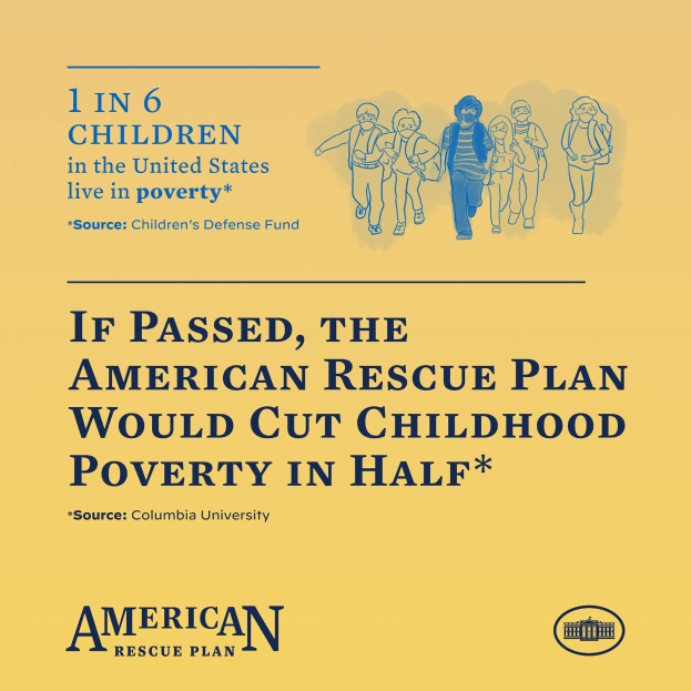 Plakat zur Unterstützung des American Rescue Plan, das den Text enthält, dass es die Kinderarmut in den USA halbieren würde, und ein Bild einer vielfältigen Gruppe von Menschen.