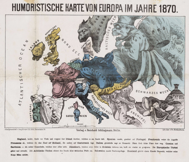 Plakat mit der Aufschrift "Humoristische Karte von Europa im Jahre 1870" mit einer zentralen Europakarte umgeben von Cartoon-Illustrationen und Text.