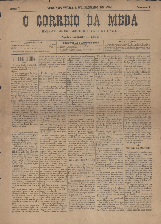 Altes vergilbtes Zeitungsblatt mit verblasster schwarzer Schrift, Headline "O Correio da Media" prominent dargestellt.