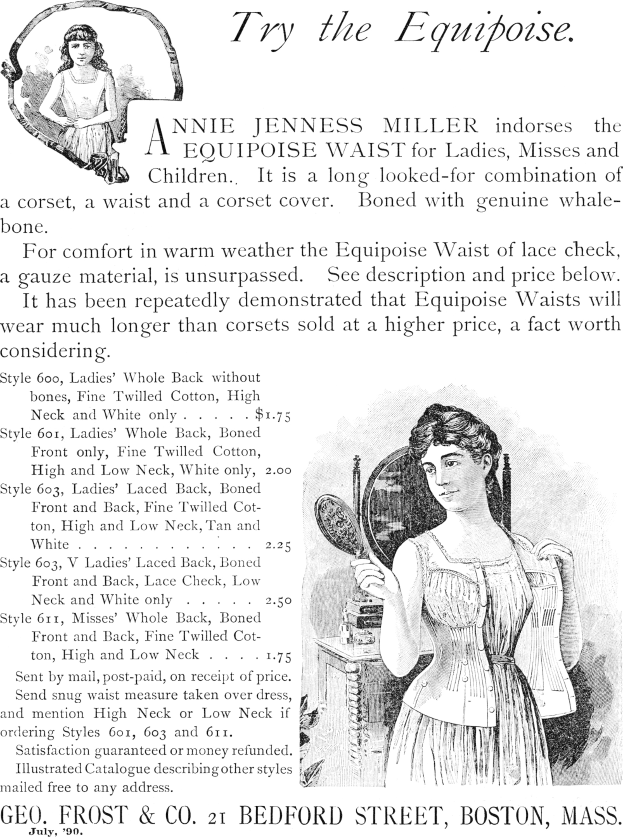 Werbung für den 'Equipment Waist' von Annie Jenness Miller, auf der eine Frau mit einem Spiegel zu sehen ist und Text, der das Produkt beschreibt.
