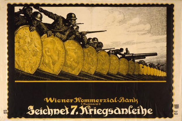 Deutsches Propagandaplakat aus dem Zweiten Weltkrieg, das bewaffnete Soldaten in Helmen mit dem Text "Wiener Kommmerzial Bank" am unteren Rand zeigt.