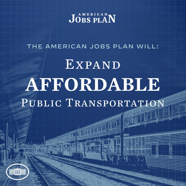 Plakat mit einem Zug auf den Eisenbahnschienen mit ein paar Menschen in der Nähe und dem Text "The American Jobs Plan Will Expand Affordable Public Transportation."